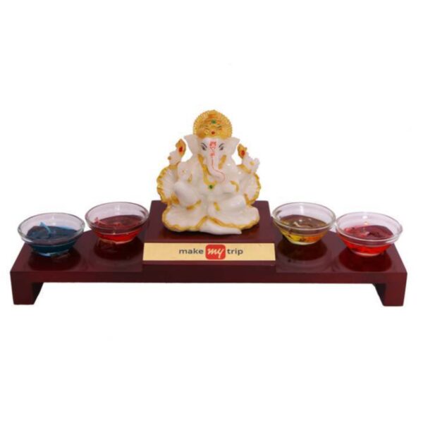 Ganesh Ji (Polystone) on wooden base with 4 diya (Make My Trip)