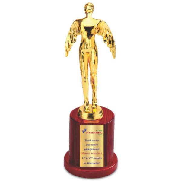 Metal Man with Wings Trophy on Wooden Base (TRO-2203)