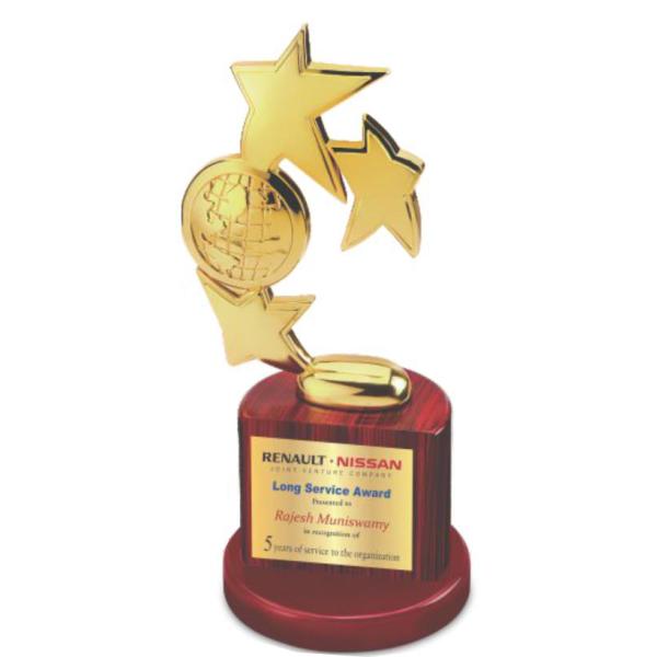 Metal Stars with Globe Trophy on Wooden Base (TRO-2209)