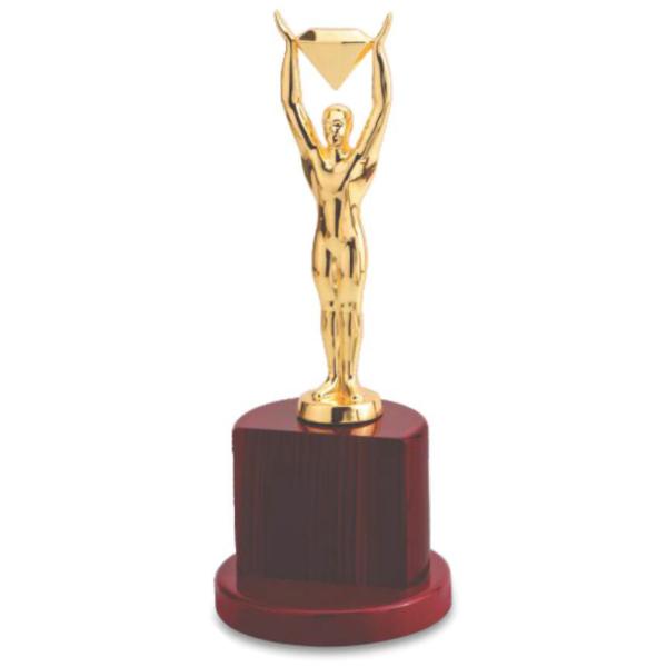Metal Man Holding Diamond Trophy on Wooden Base (TRO-2212)