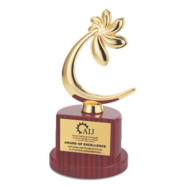 Metal Flower with Curly Stem Trophy on Wooden Base (TRO-2214)