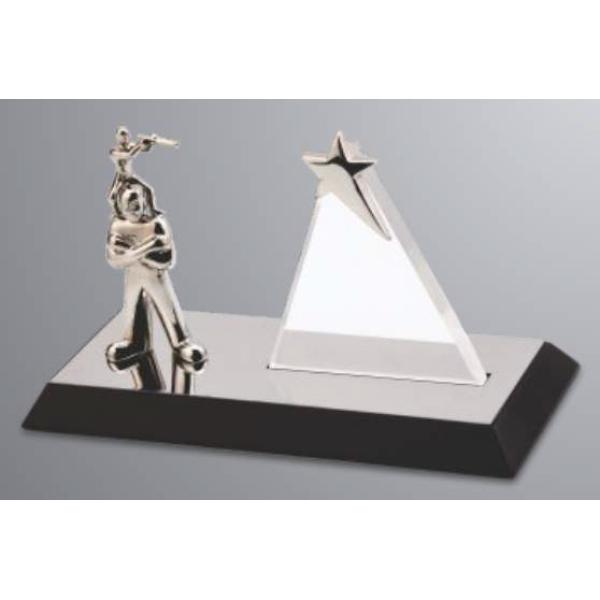 Metal Men with Glass Triangle and Star Trophy on Wooden Base (TRO-2238)