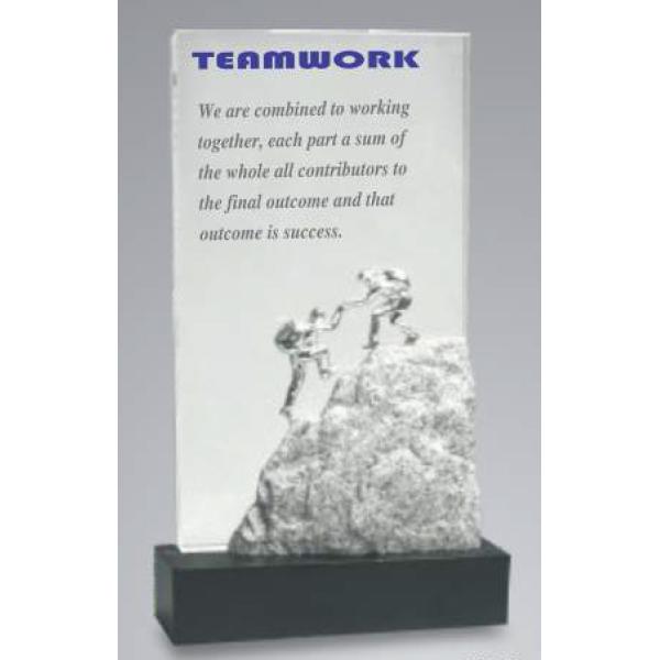 Glass Memento with Metal Men Teamwork Theme Trophy on Wooden Base (TRO-2245)