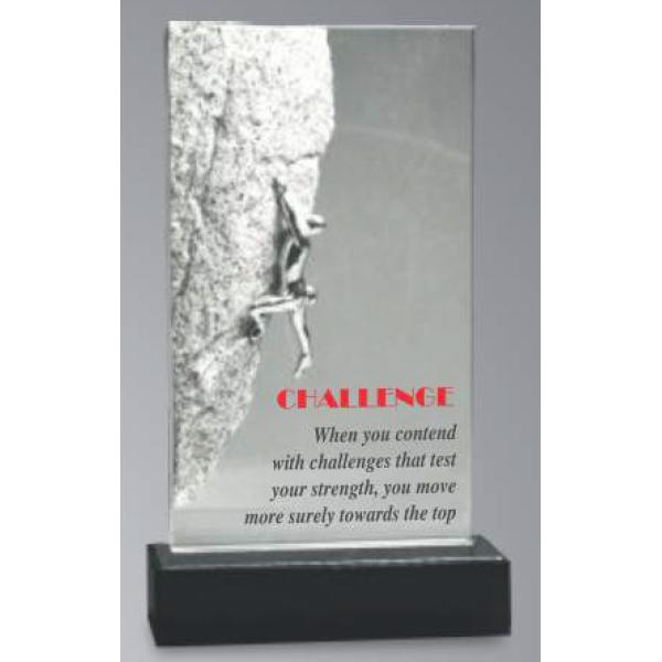 Glass Memento with Metal Man Climbing Trophy on Wooden Base (TRO-2246)