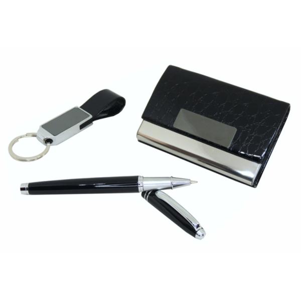 Gift Set of Pen, Key Chain and Card Holder, Croco Black (GL-38)
