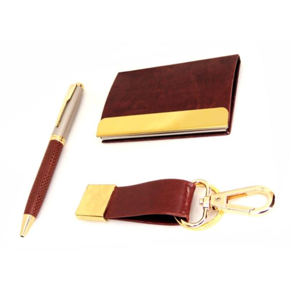Gift Set of Pen, Key Chain and Card Holder, Tan/Gold (GL-39)