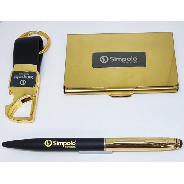 Gift Set of Pen, Key Chain and Card Holder, Black/Gold (GL-47)