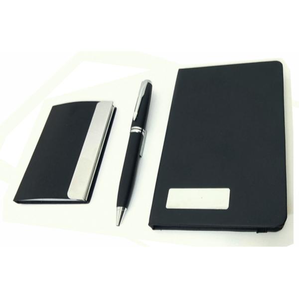 Gift Set of A6 Leatherette Notebook, Card Holder and Metal Pen, Black (GL-48)