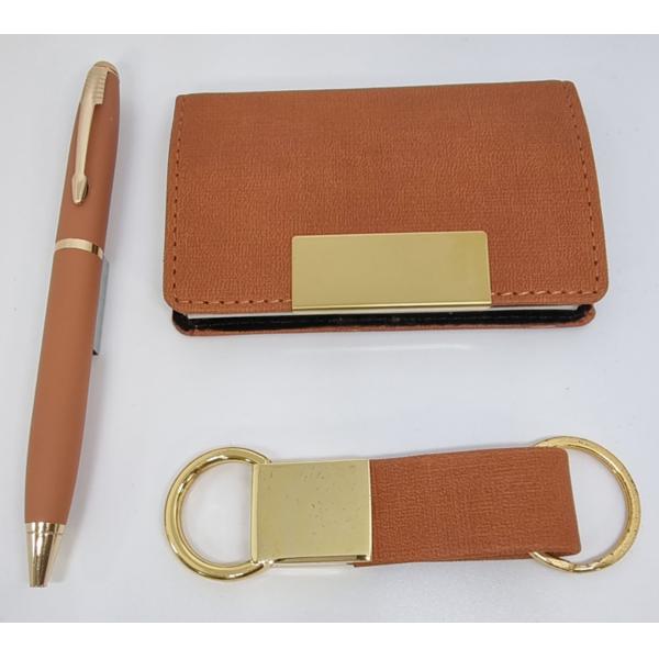 Gift Set of Pen, Key Chain and Card Holder, Tan/Gold (GL-51)