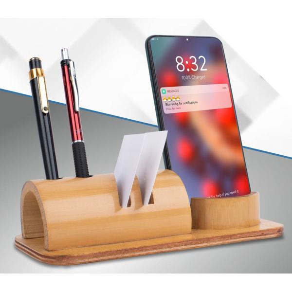 Bamboo Phone Stand with Card Holder and Double Pen Stand (Q-41)