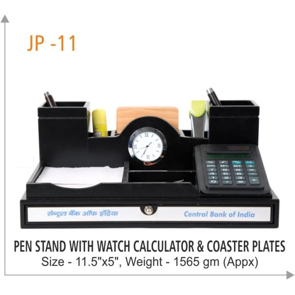 Wooden Pen Stand with Watch, Calculator & Coasters (JP-11)